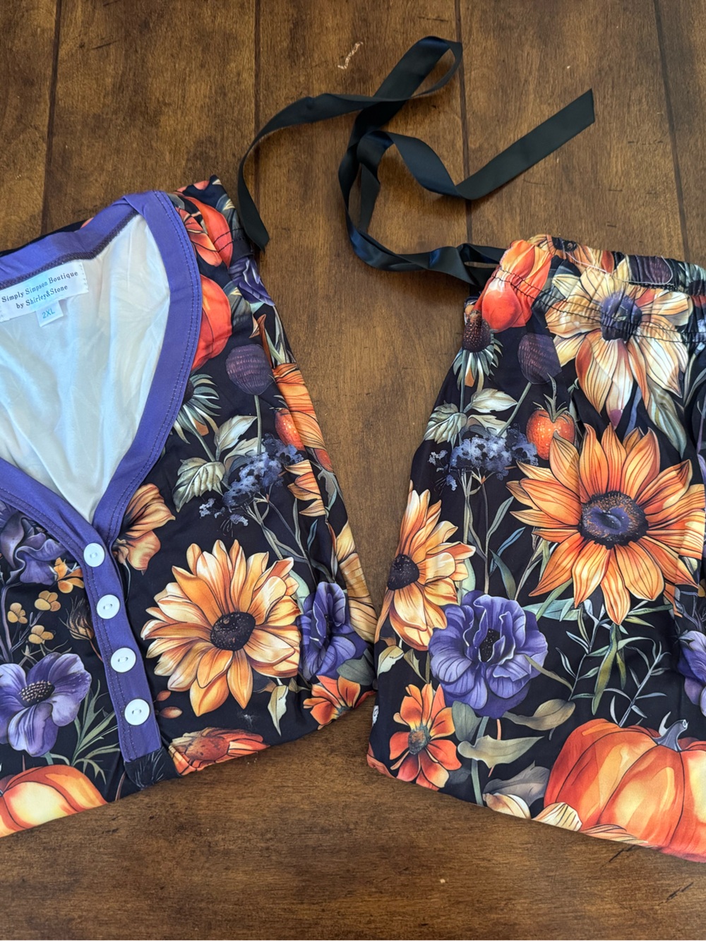 Shirley & Stone Pumpkin, Orange & Purple Flowers Jogger Pajamas